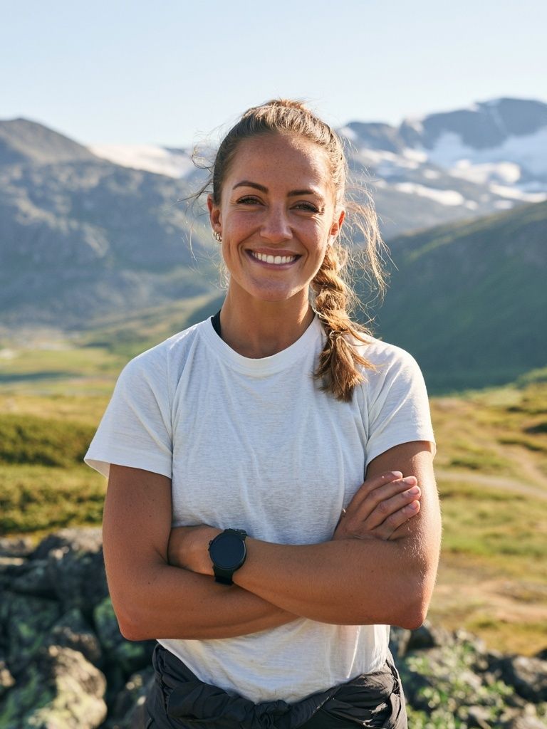 Smiling Hiker in Mountains Photography Poster. poster detail