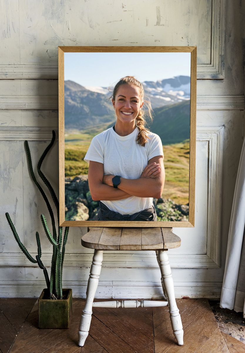 Smiling Hiker in Mountains Photography Poster. room preview