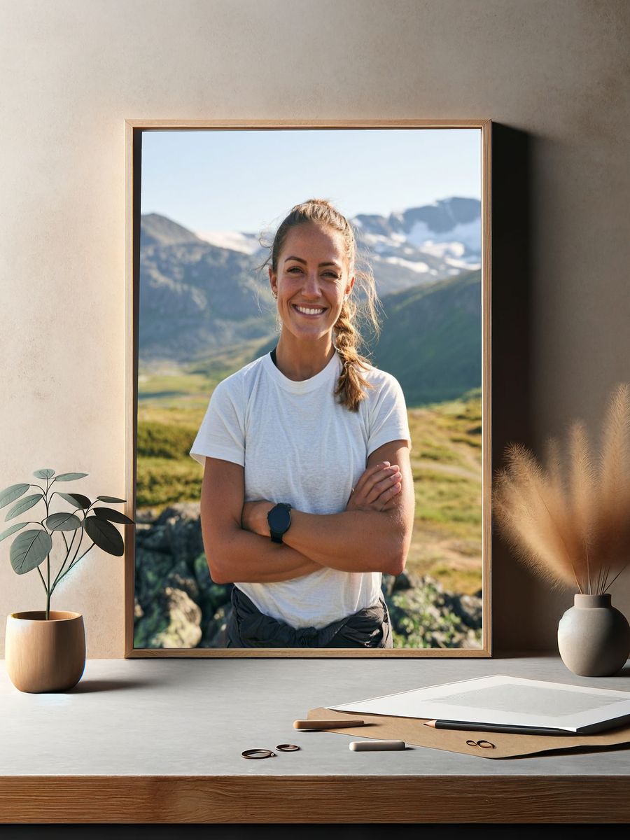 Smiling Hiker in Mountains Photography Poster. — room view 2