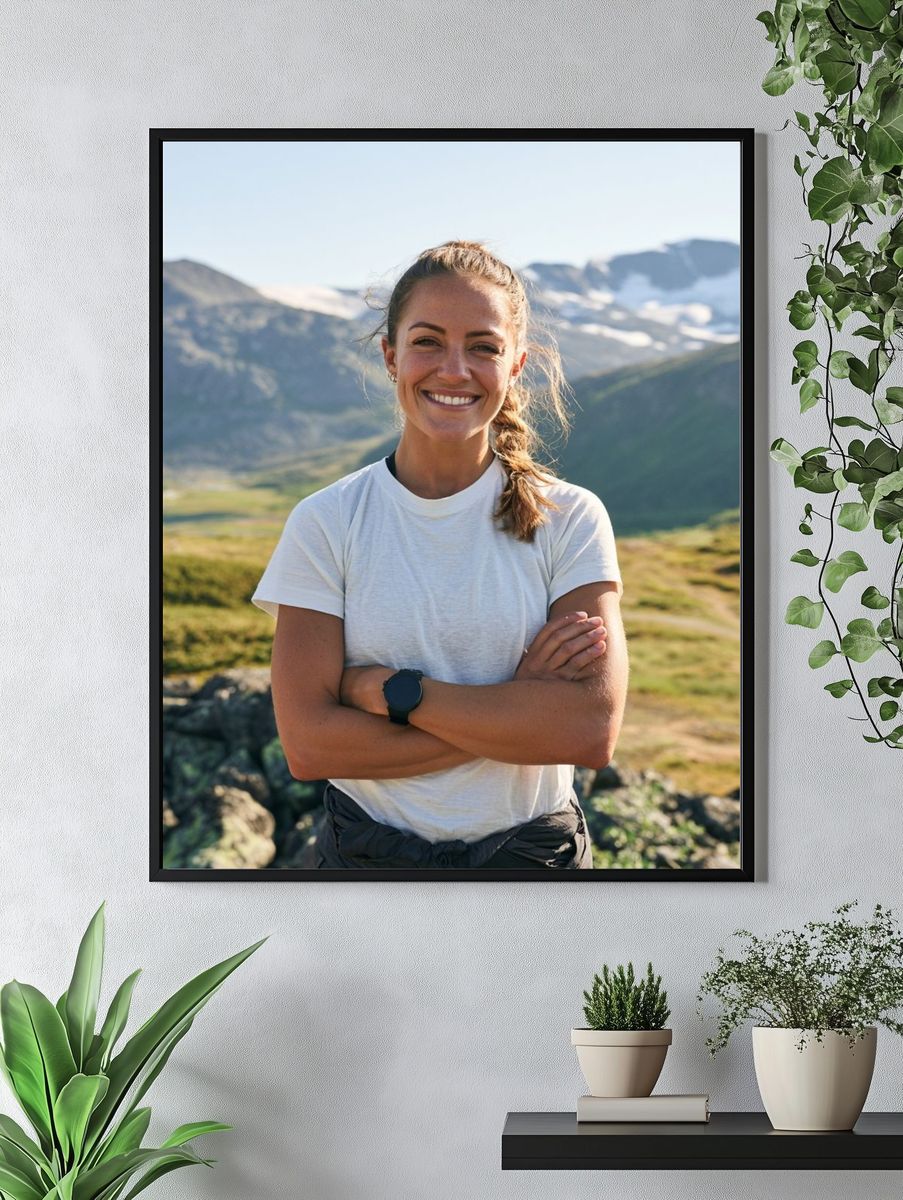 Smiling Hiker in Mountains Photography Poster. — room view 4