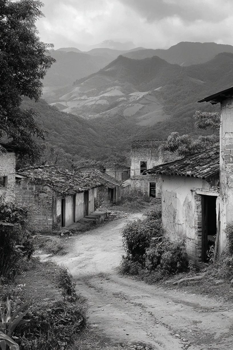 Mountain Village Road Black-White Poster. poster — photography art