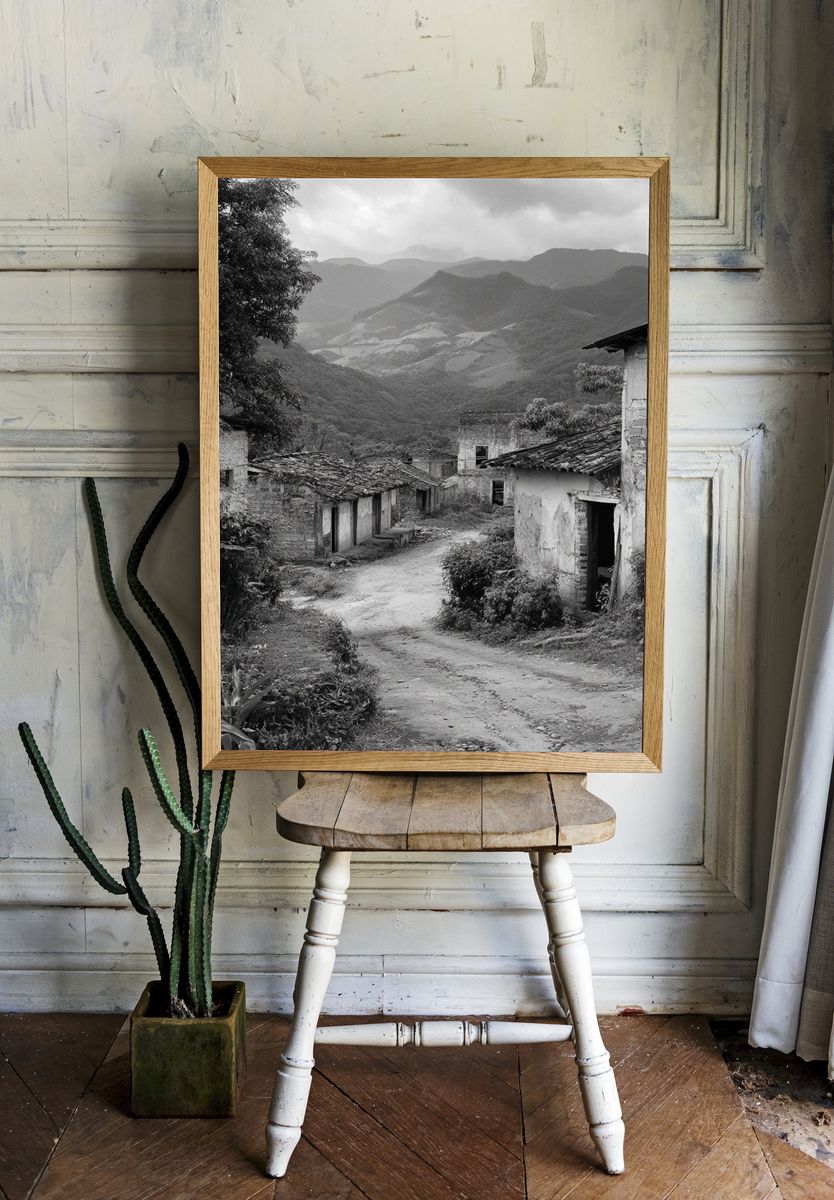 Mountain Village Road Black-White Poster. — room view 1