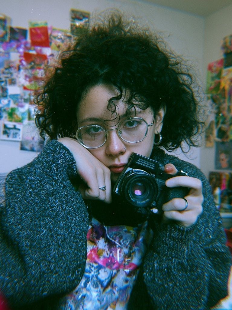 Curly Portrait with Camera Print. poster — photography art