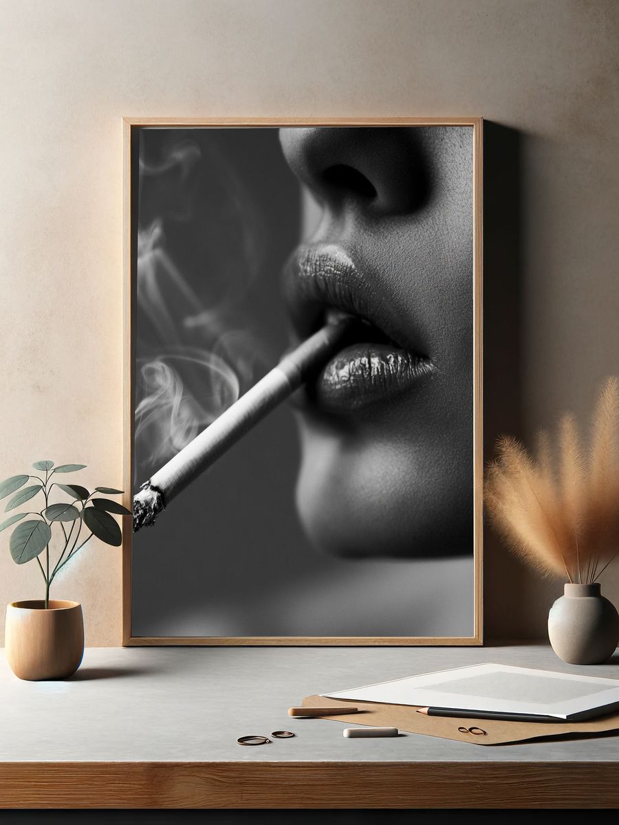 Smoking Lips Black-White Poster. — room view 2