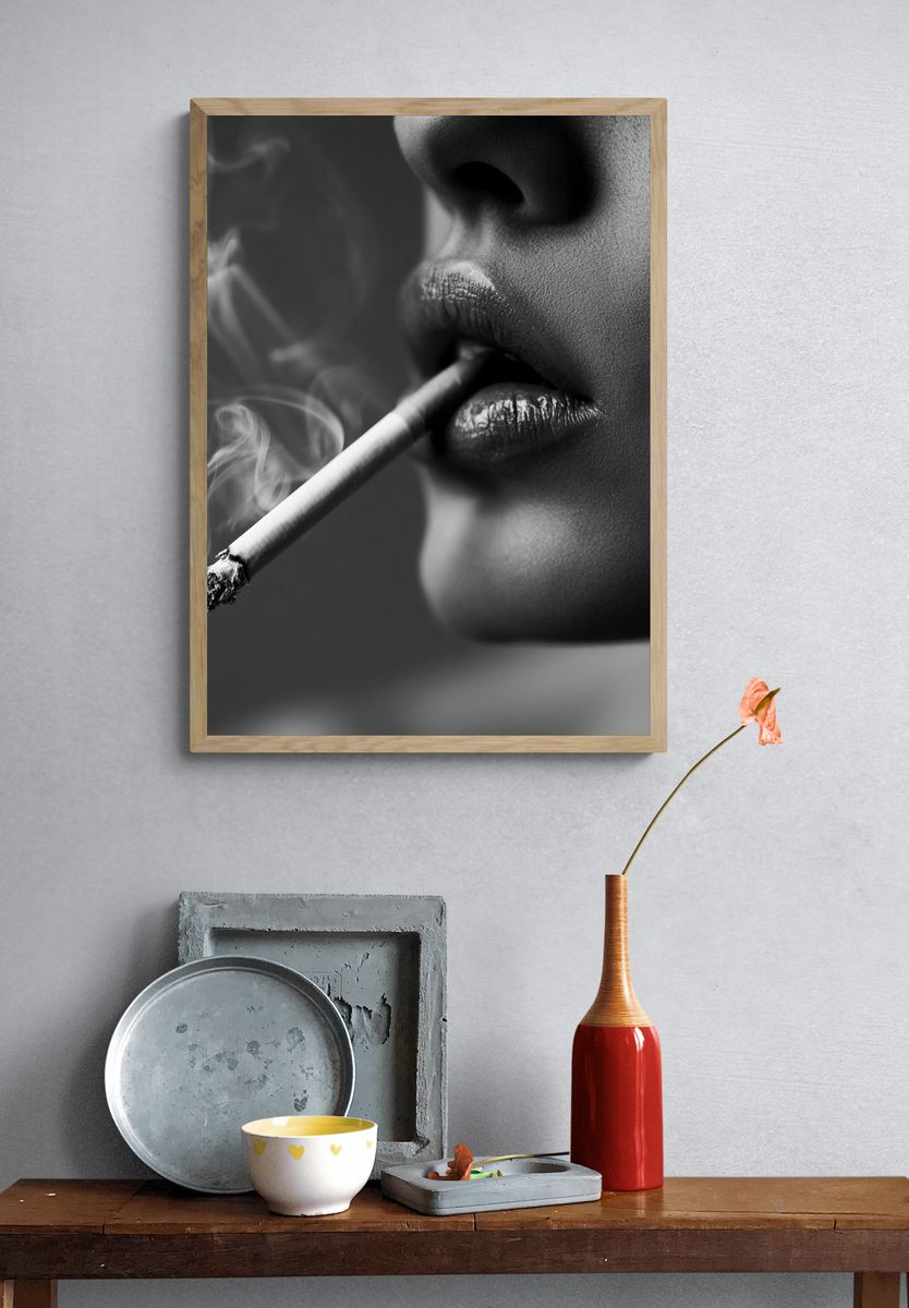 Smoking Lips Black-White Poster. — room view 3