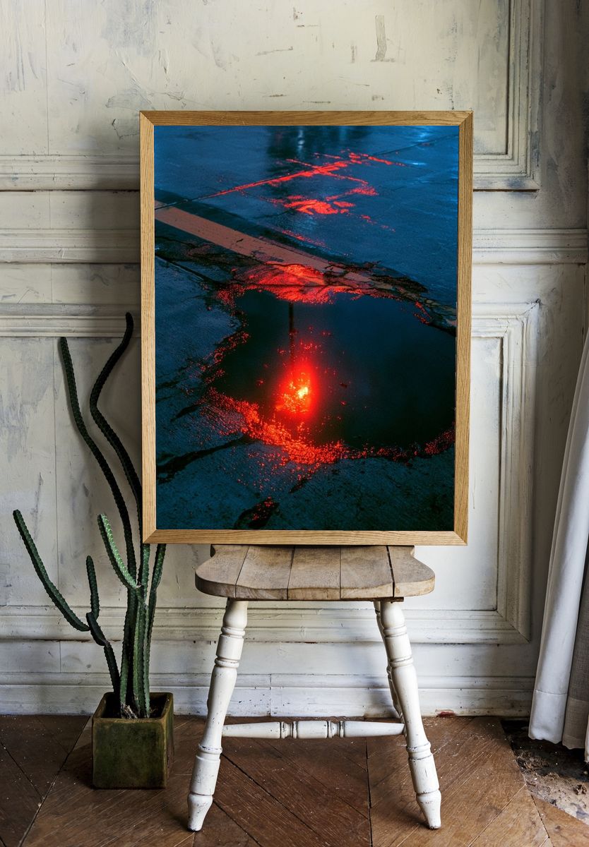 Neon Rain Puddle Photography Poster. — room view 1