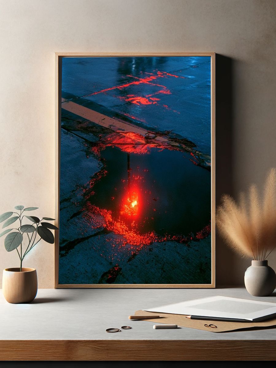 Neon Rain Puddle Photography Poster. — room view 2