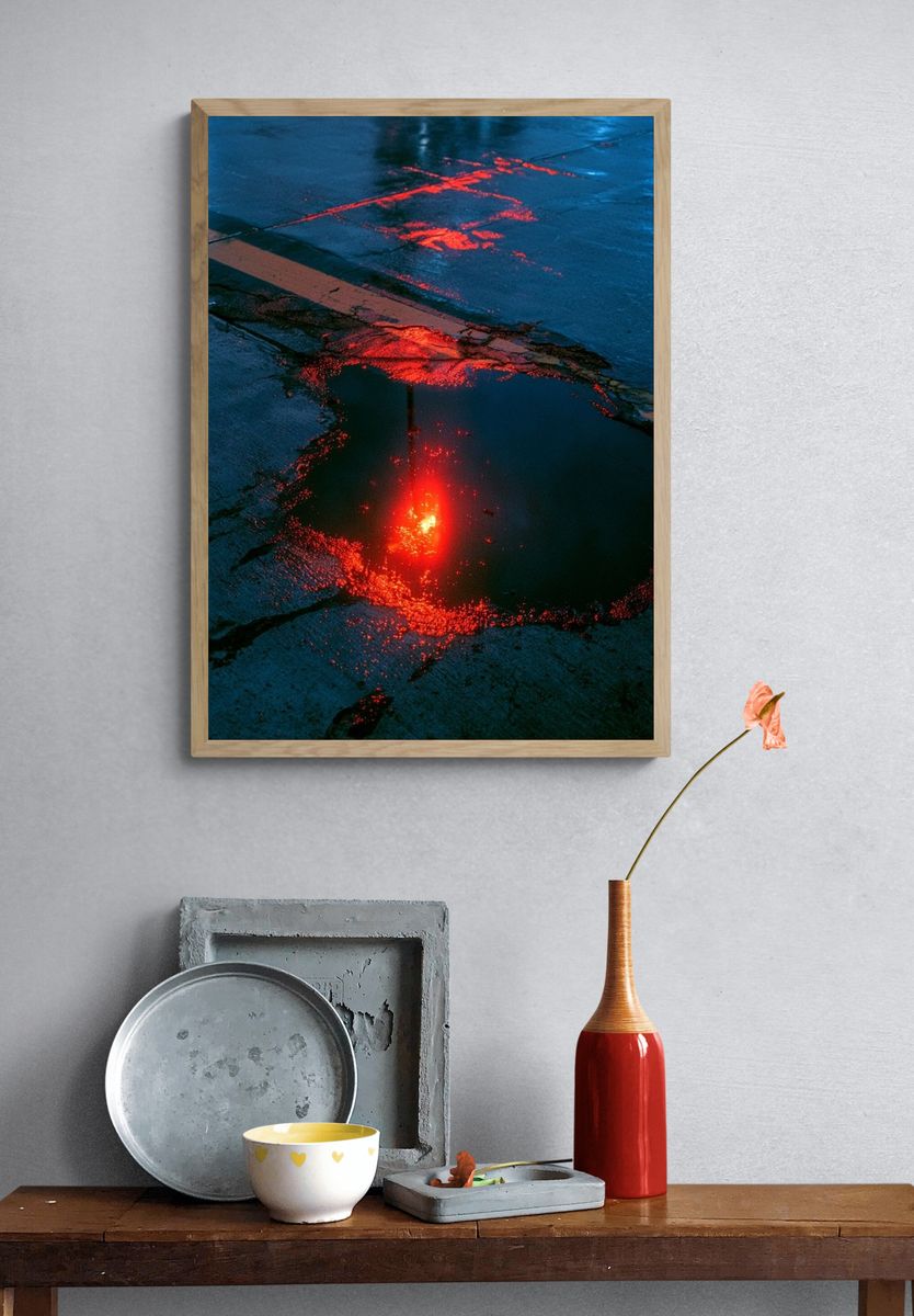 Neon Rain Puddle Photography Poster. — room view 3