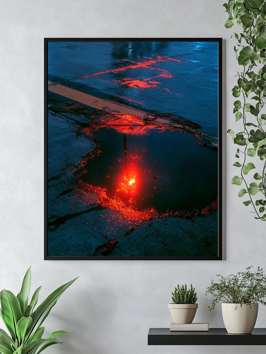 Neon Rain Puddle Photography Poster. — room view 4