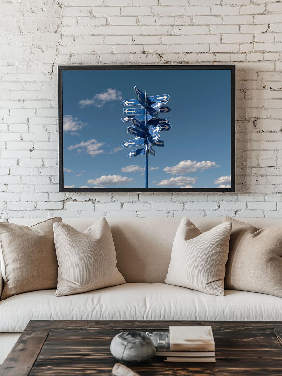 Blue Direction Signpost Photography Poster. room preview