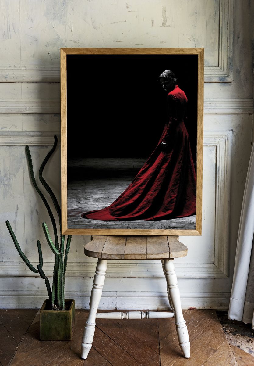 Crimson Gown Portrait Print. room preview