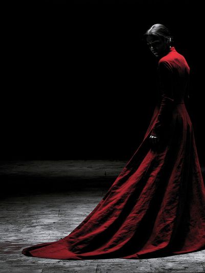 Crimson Gown Portrait Print. poster