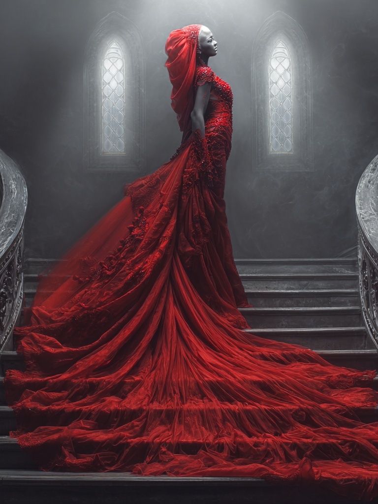 Crimson Gown Staircase Photography Poster. poster detail