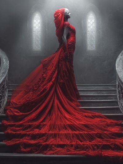 Crimson Gown Staircase Photography Poster. poster