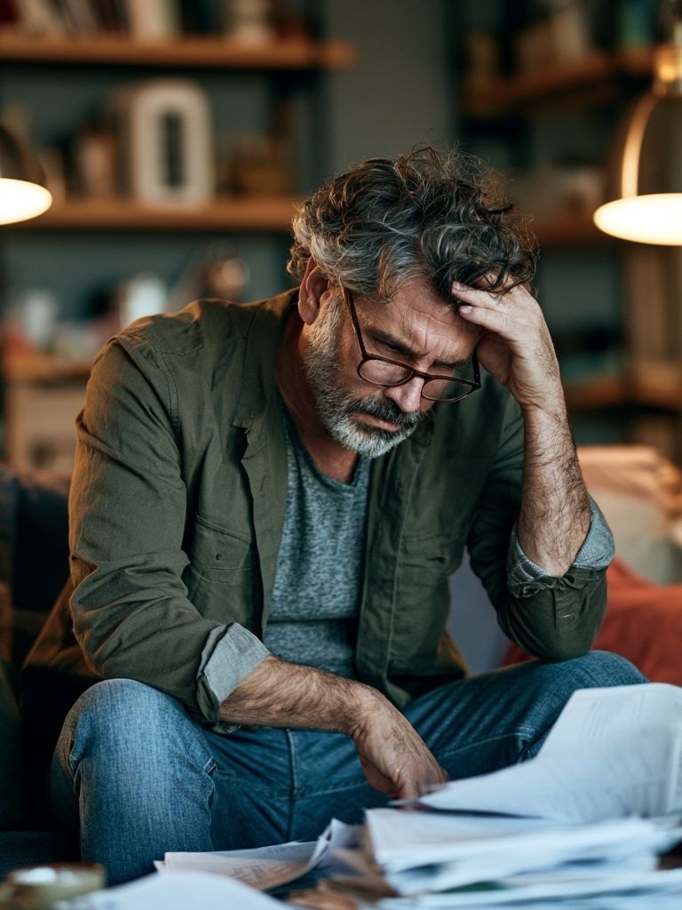 Stressed Man in Study Photography Poster. poster detail
