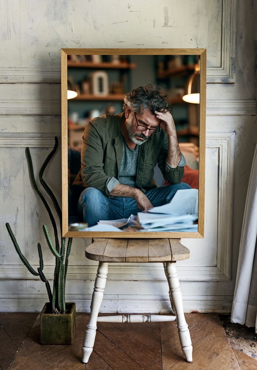 Stressed Man in Study Photography Poster. room preview