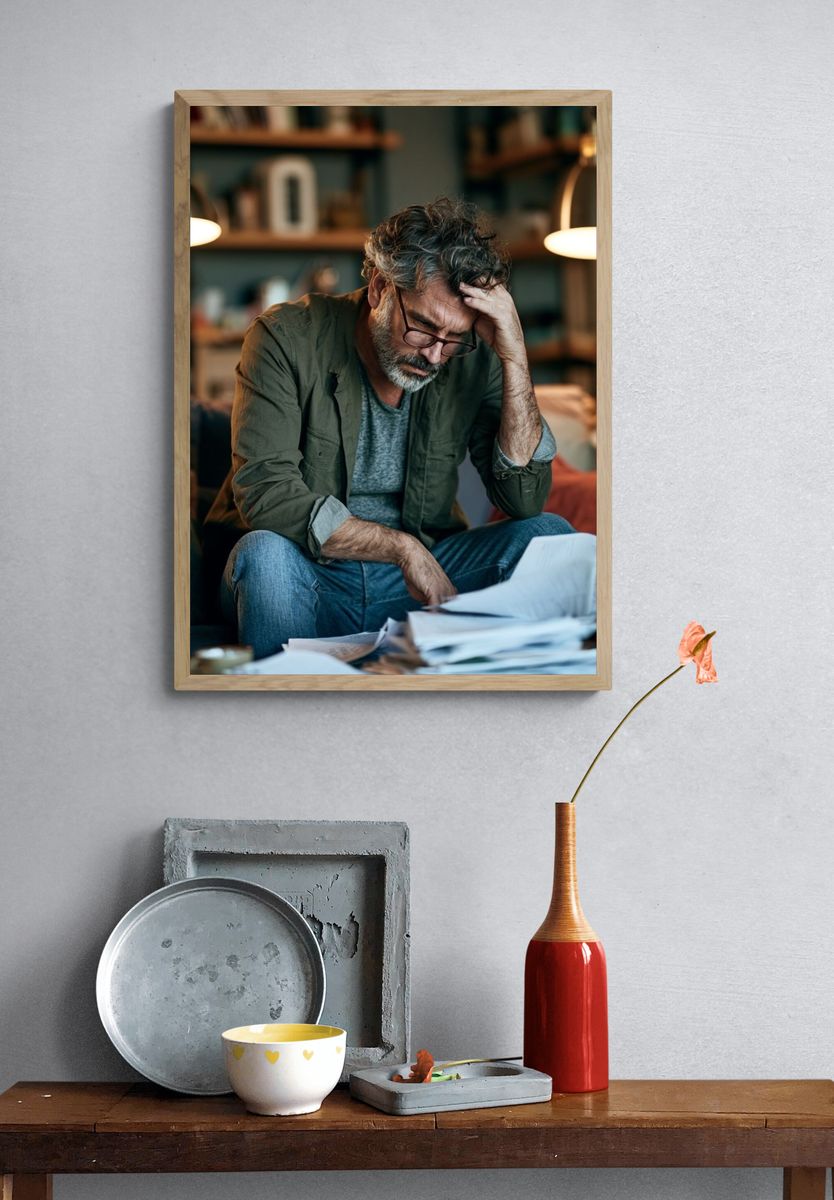 Stressed Man in Study Photography Poster. — room view 3