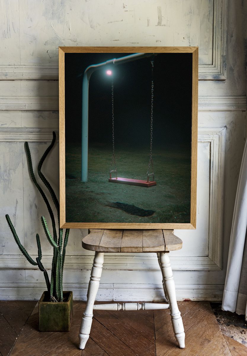 Lonely Swing at Night Photography Poster. — room view 1