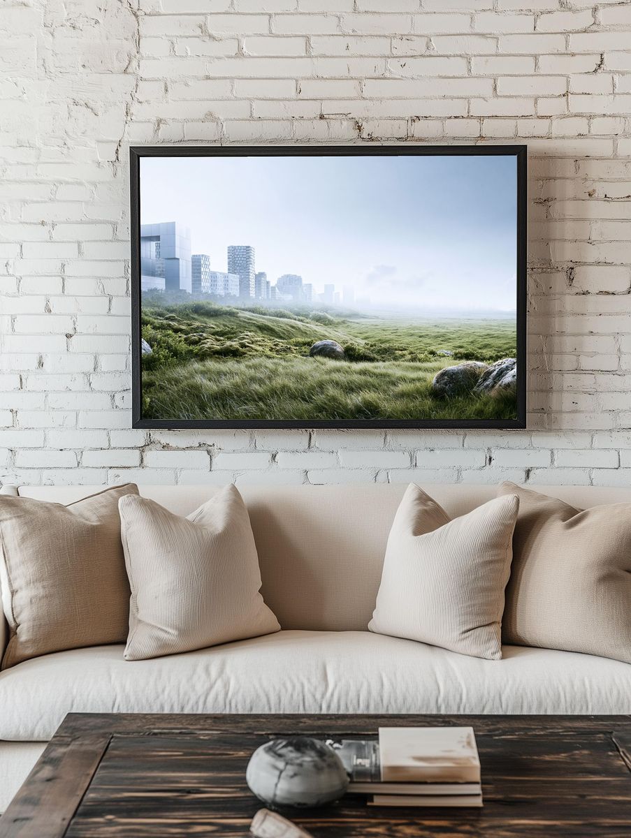 Misty Urban Meadow Landscape Print. — room view 1