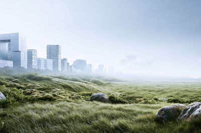 Misty Urban Meadow Landscape Print. poster