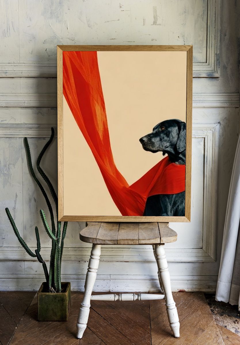 Black Dog with Red Scarf Photography Poster. — room view 1