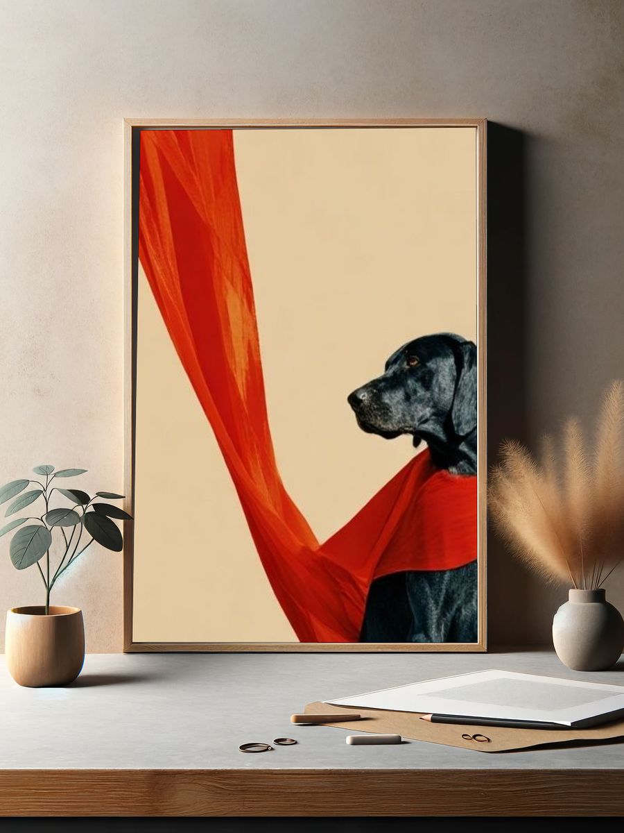 Black Dog with Red Scarf Photography Poster. — room view 2