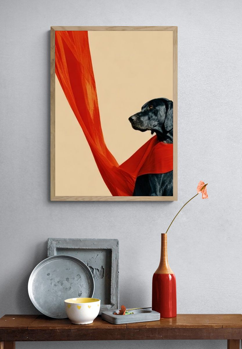 Black Dog with Red Scarf Photography Poster. — room view 3