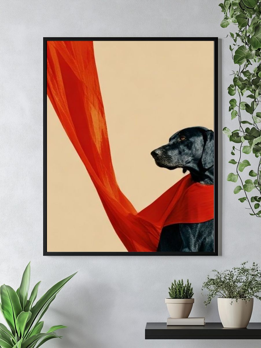 Black Dog with Red Scarf Photography Poster. — room view 4