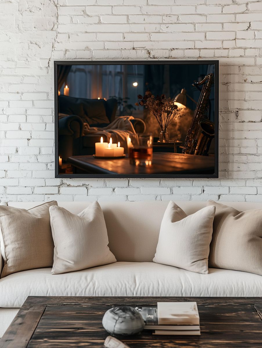 Candlelit Saxophone Lounge Photography Poster. — room view 1