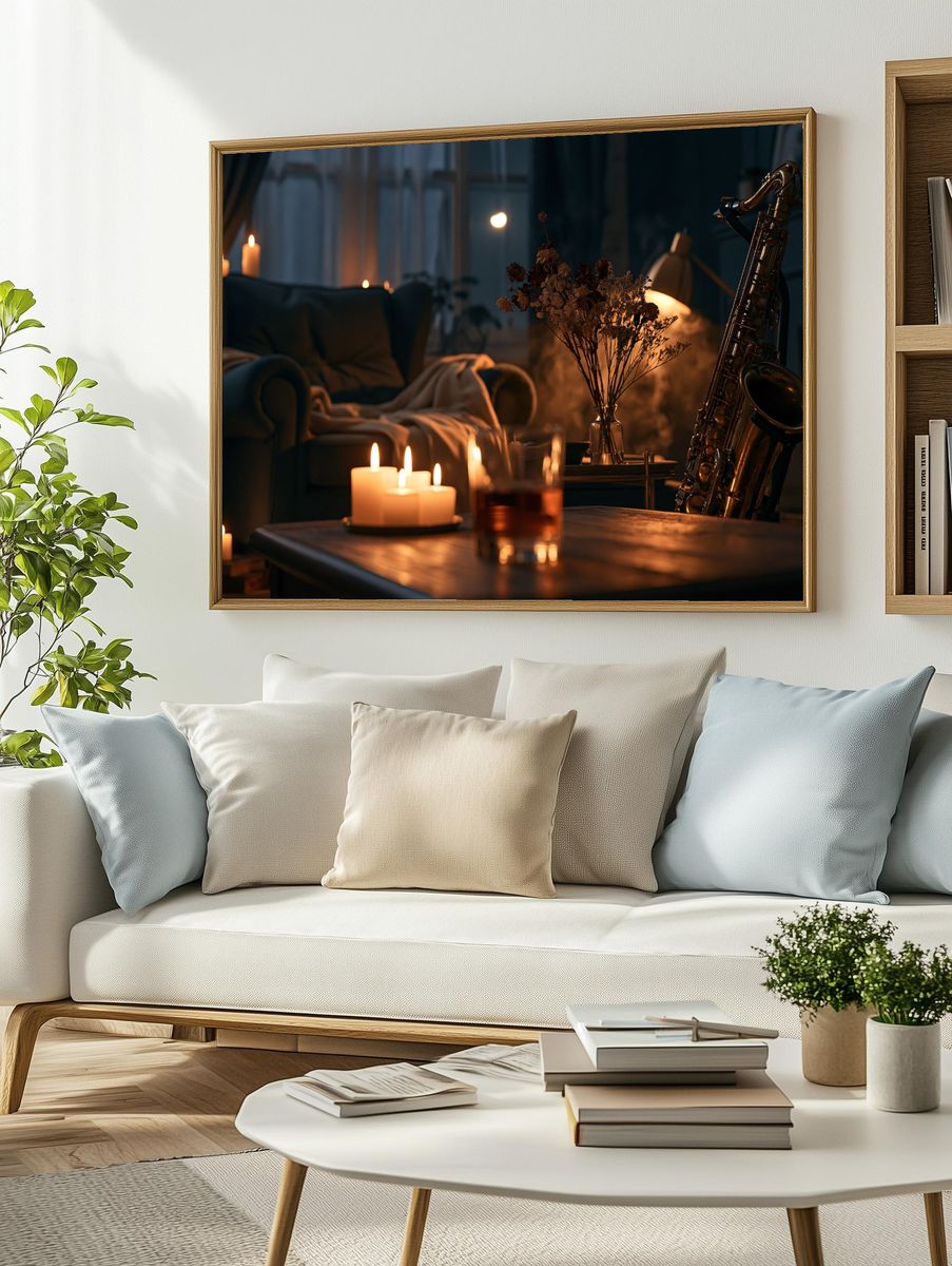 Candlelit Saxophone Lounge Photography Poster. — room view 2
