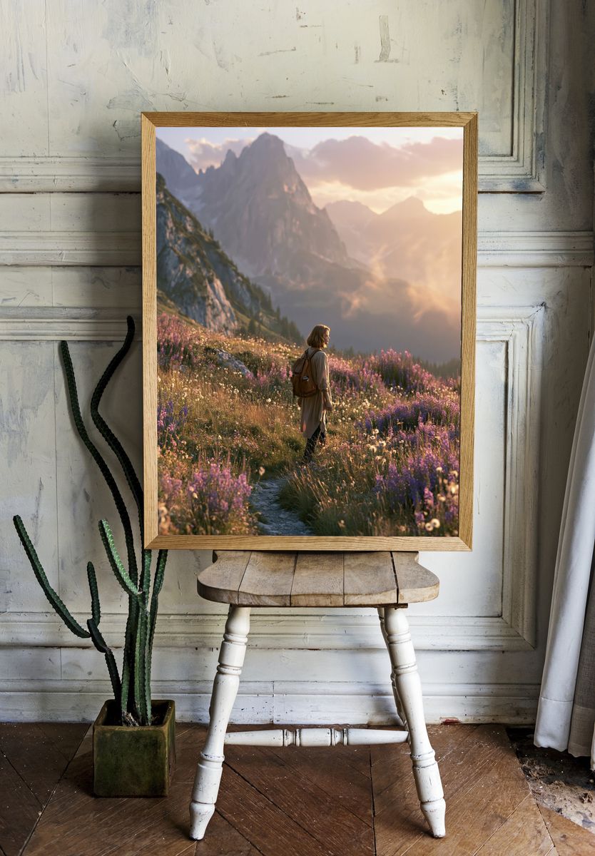 Alpine Meadow Hiker Photography Poster. — room view 1