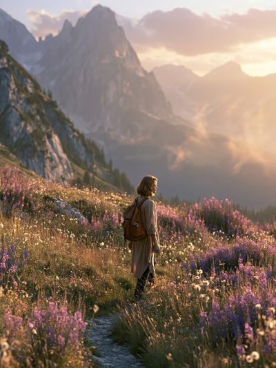 Alpine Meadow Hiker Photography Poster. poster