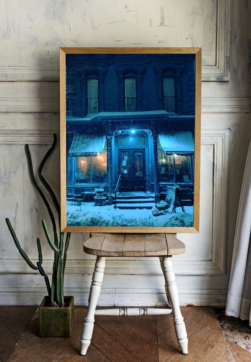 Snowy Blue Housefront Photography Poster. room preview