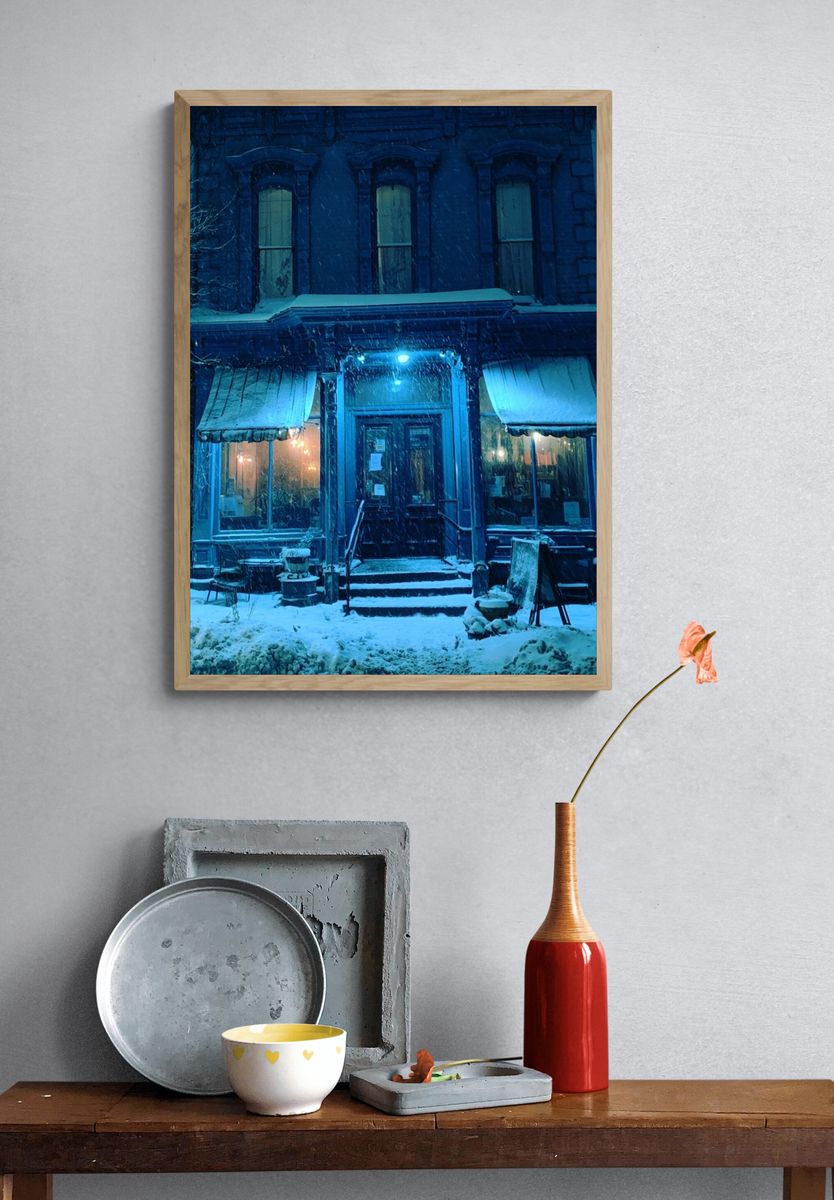 Snowy Blue Housefront Photography Poster. — room view 3
