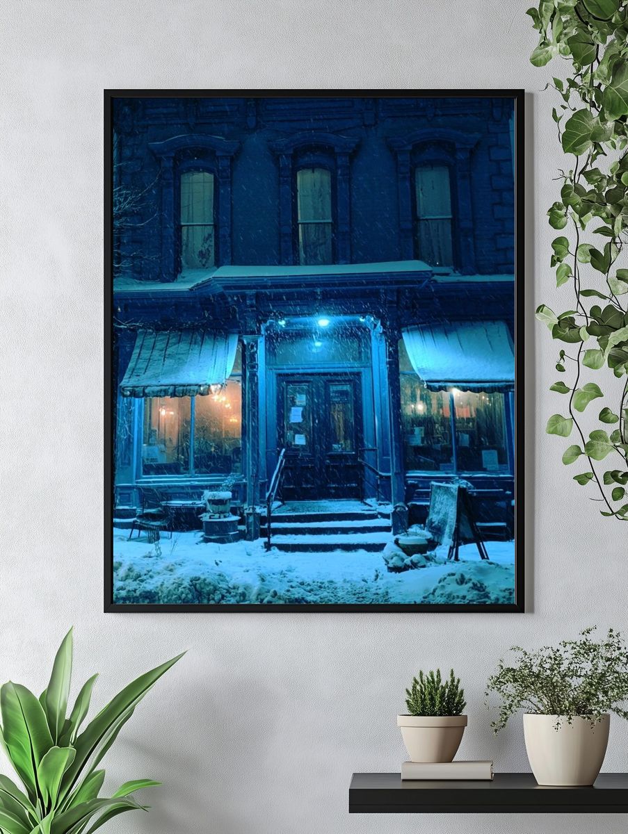 Snowy Blue Housefront Photography Poster. — room view 4