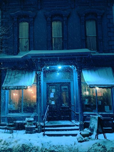 Snowy Blue Housefront Photography Poster. poster