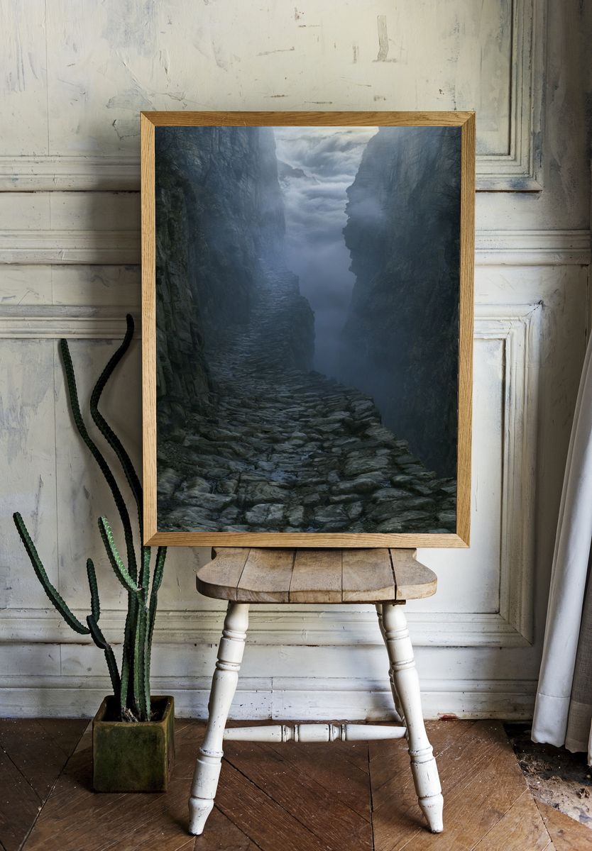 Misty Canyon Path Photography Poster. — room view 1
