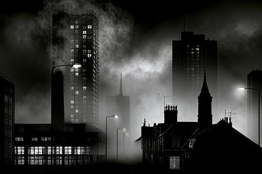 Foggy City Skyline Black-White Print. poster detail