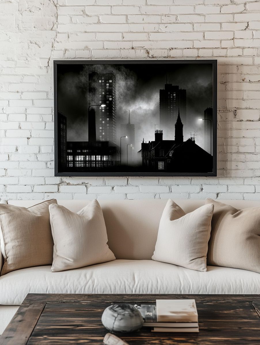 Foggy City Skyline Black-White Print. room preview
