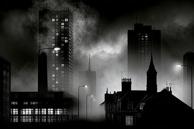 Foggy City Skyline Black-White Print.