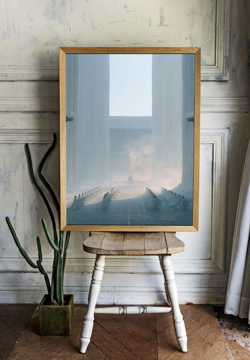 Misty Temple Courtyard Photography Poster. room preview