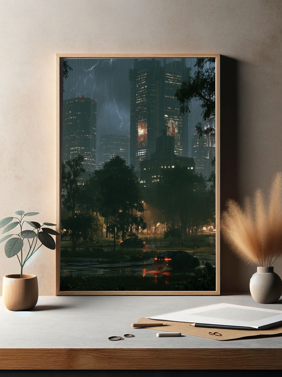 Rainy City Skyline Photography Poster. — room view 2
