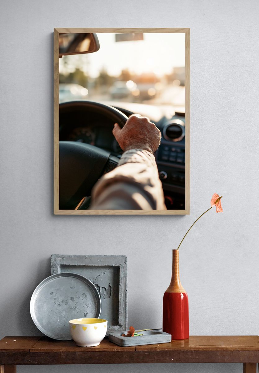 Sunlit Driving Hands Photography Poster. — room view 3