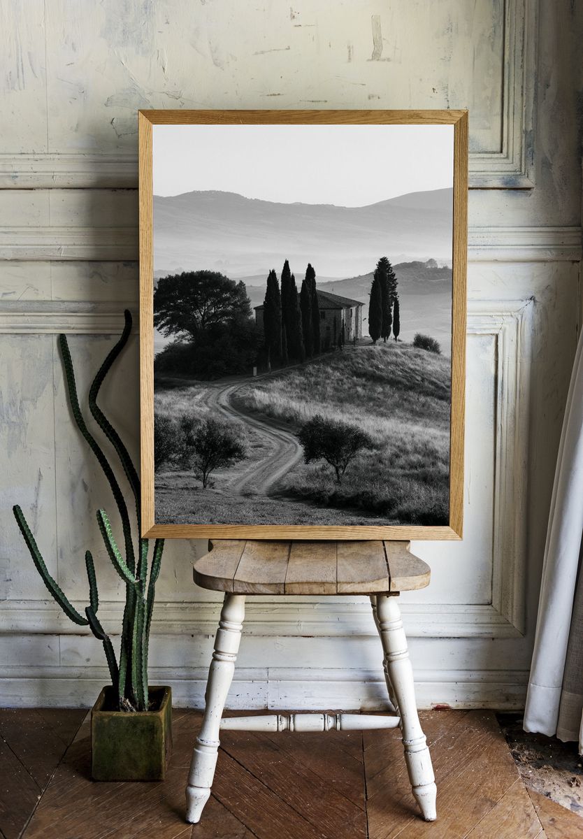 Tuscan Hillside Monochrome Poster. room preview