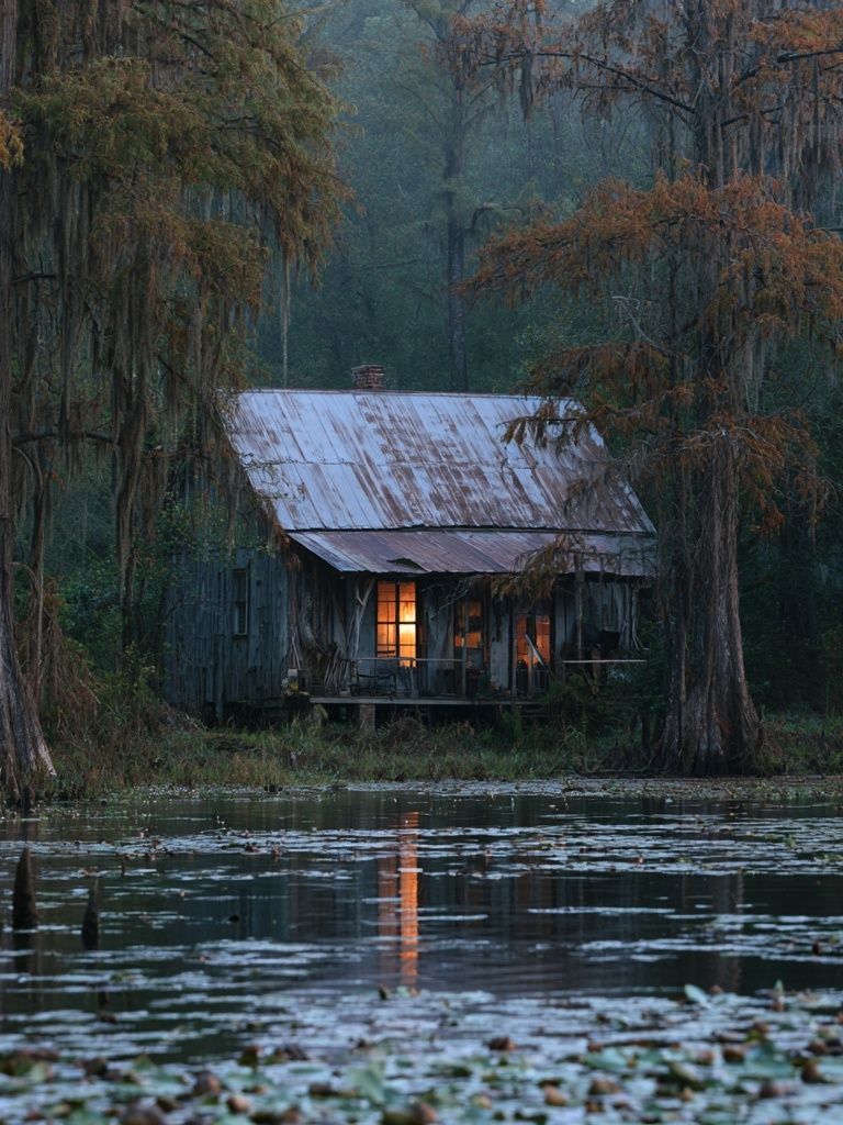 Swamp Cabin at Dusk Photography Poster. poster detail