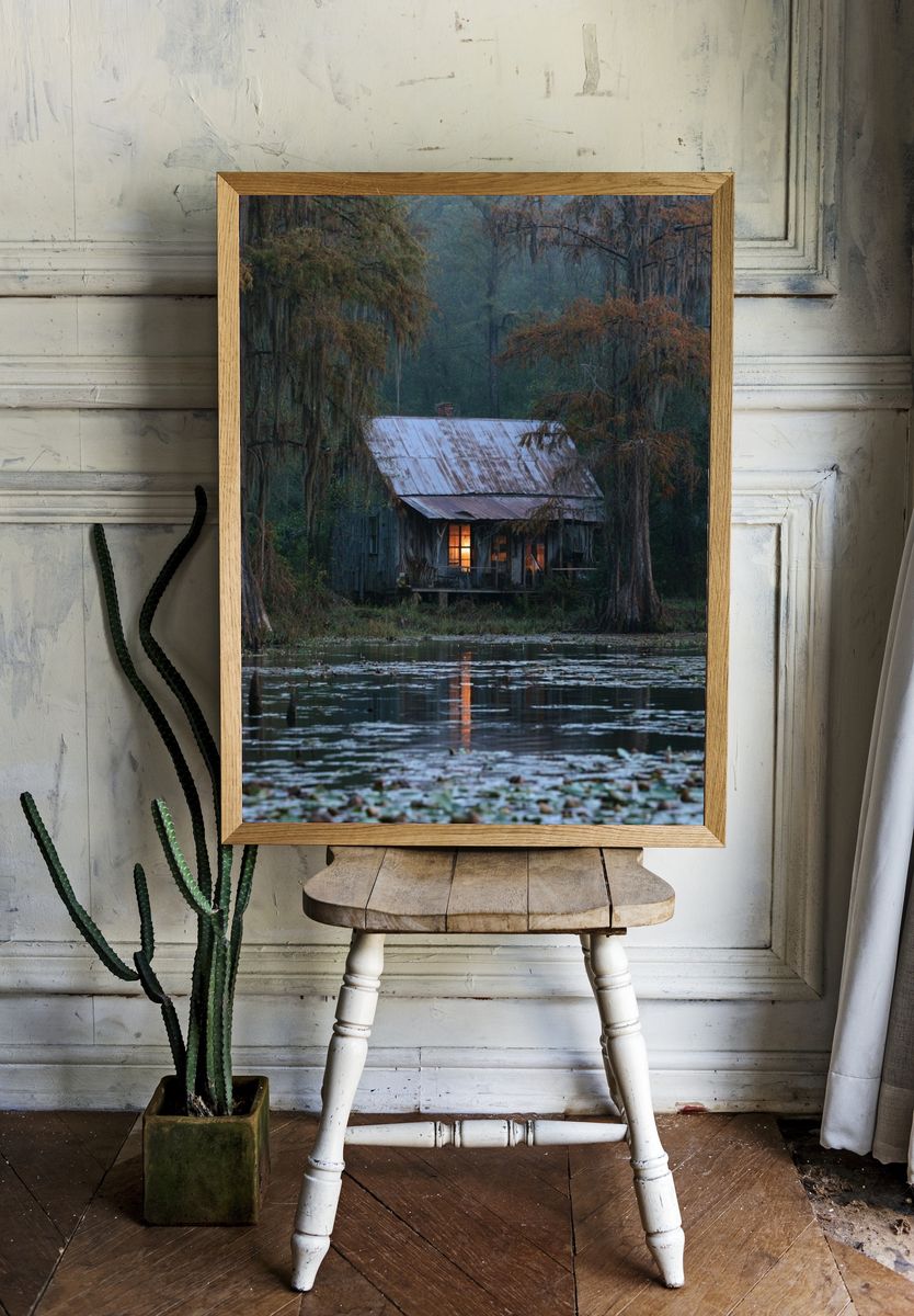 Swamp Cabin at Dusk Photography Poster. — room view 1