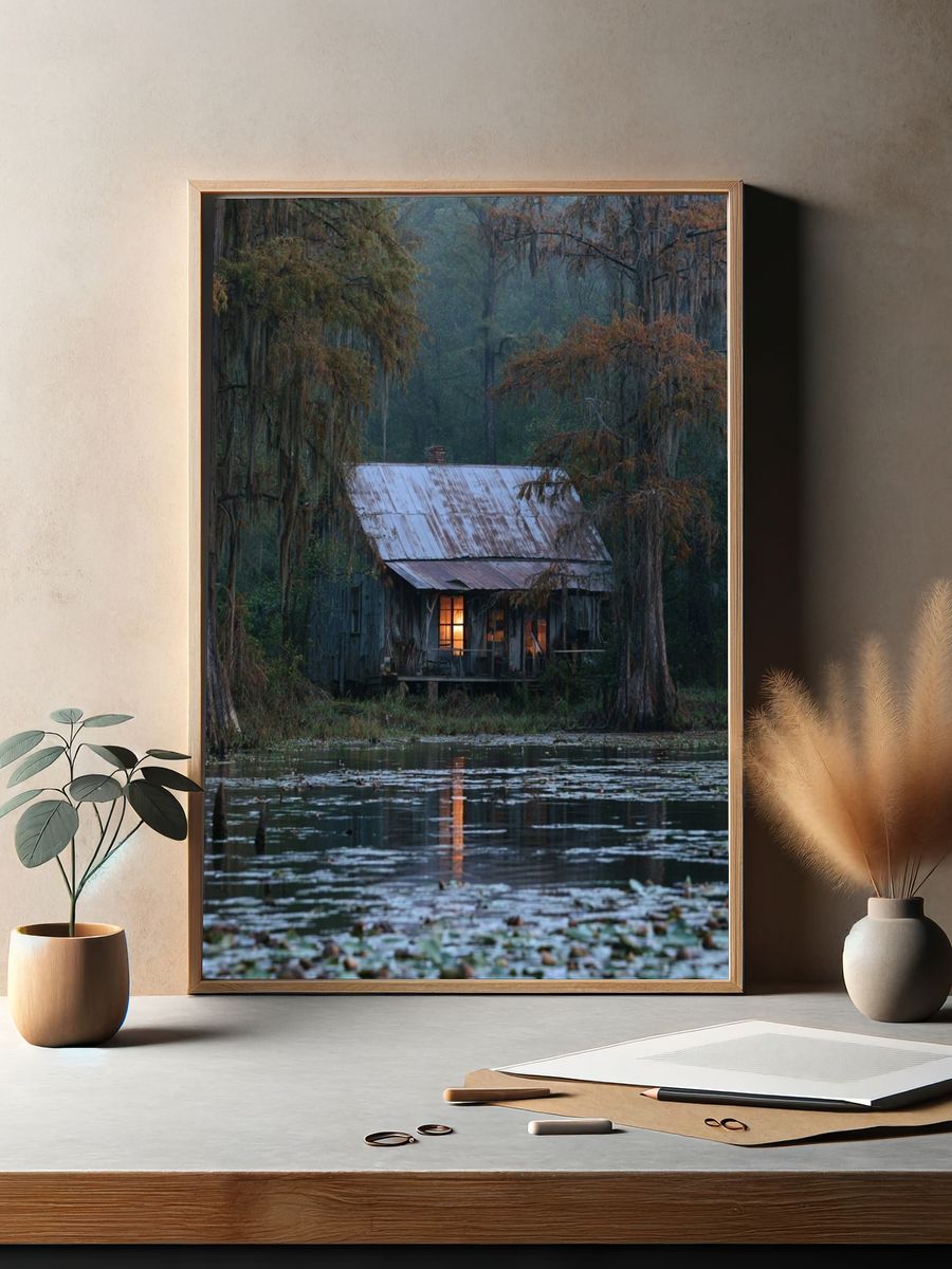 Swamp Cabin at Dusk Photography Poster. — room view 2