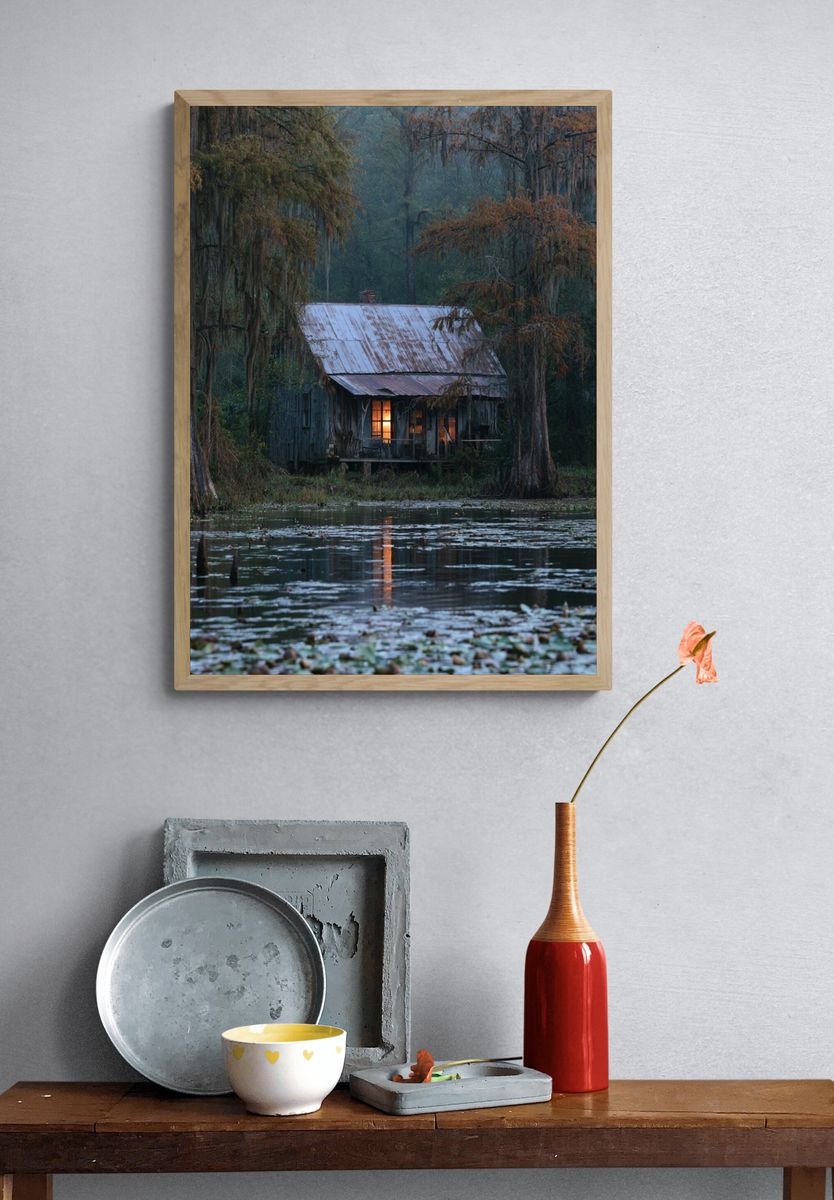 Swamp Cabin at Dusk Photography Poster. — room view 3