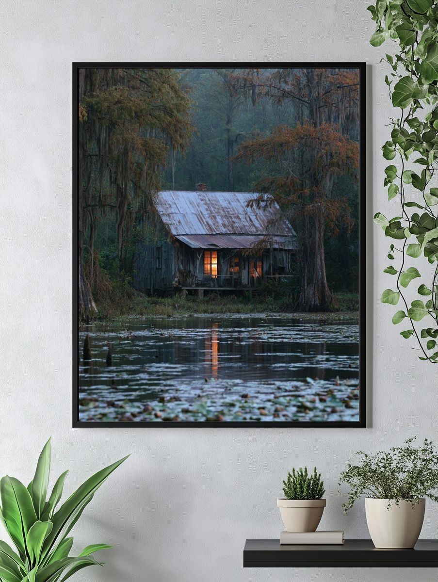 Swamp Cabin at Dusk Photography Poster. — room view 4