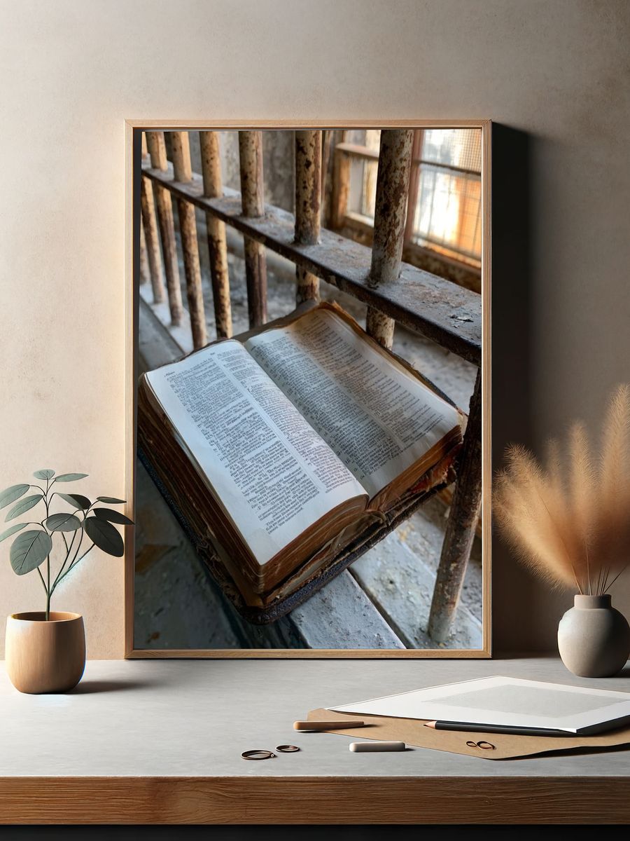 Open Bible in Sunlight Photography Poster. — room view 2
